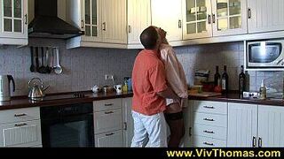 Hot blonde with perfect body writhes on kitchen floor - porn video