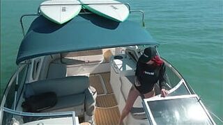 Drone captures couple having sex on a speedboat at sea - porn video